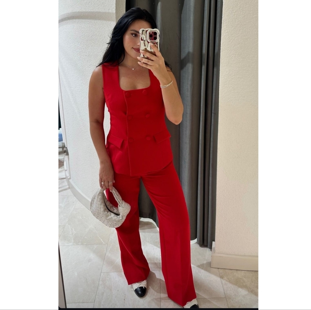 Zara 2 PC Set Lined Button Vest & Pants Red